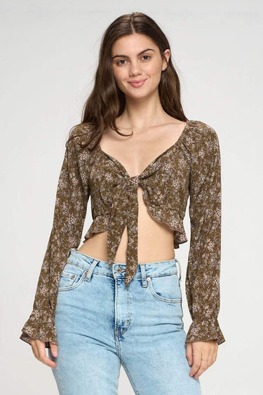 Tie Front Long Sleeve Crop Blouse